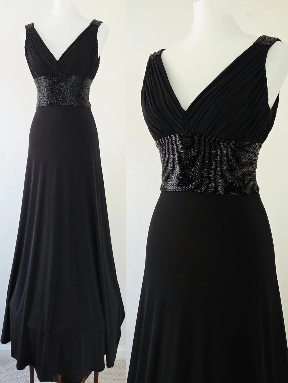 JS Boutique Beaded Waist Jersey Gown Size 2 Black Wedding Guest Gala Ball